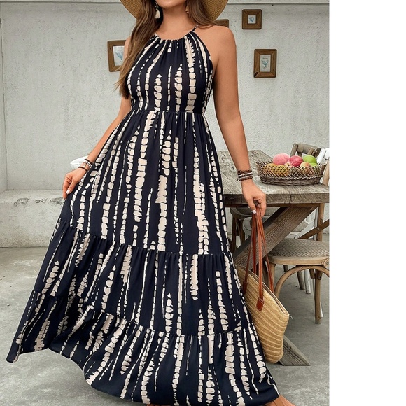 Plus Tie Dye Criss Cross Tie Back High Waisted Maxi Dress - Picture 1 of 5
